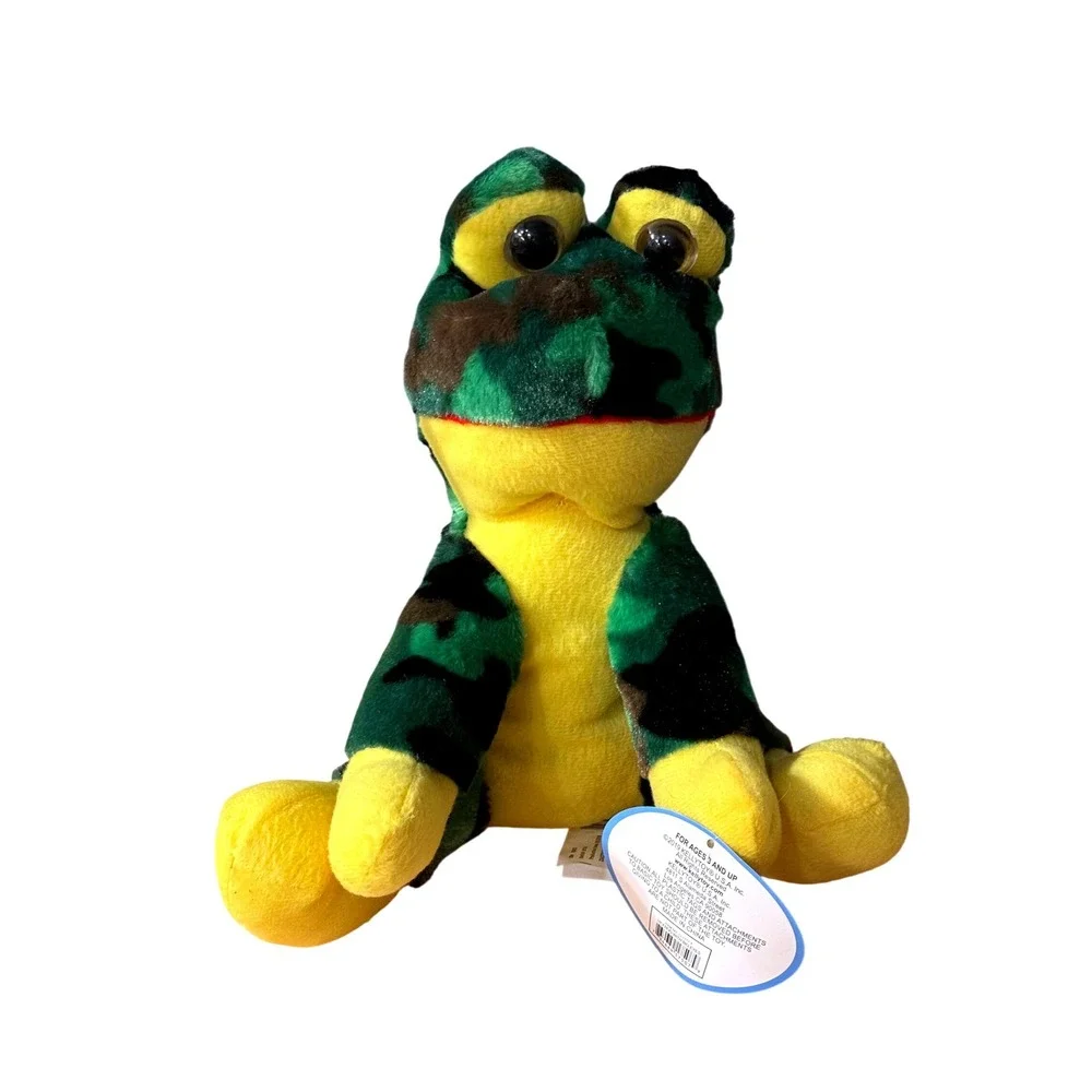 Kellytoy 10 Inch Frog with Big Eyes Green Camouflage Yellow Plush Stuffed Animal